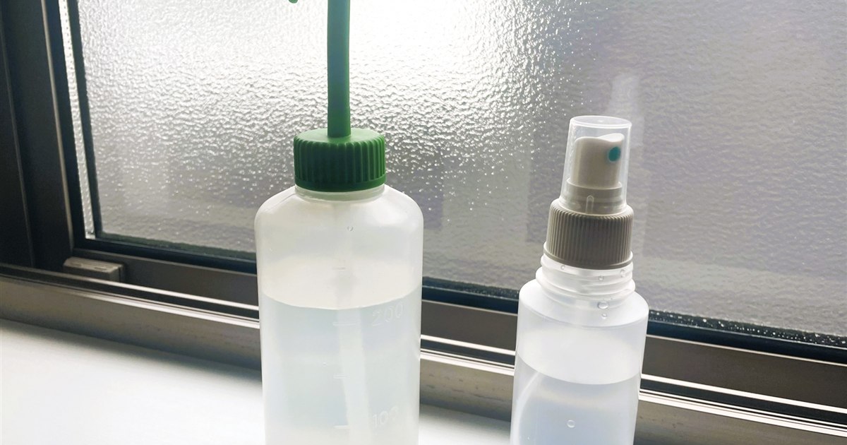 観葉植物の葉に木酢液を薄めた液を霧吹きで散布するようす